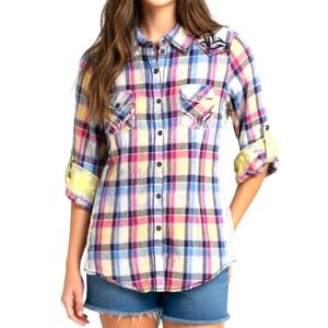 Roar Ramblin Rose Plaid Cotton Embroidered Lace Trim Button Up Western Shirt S